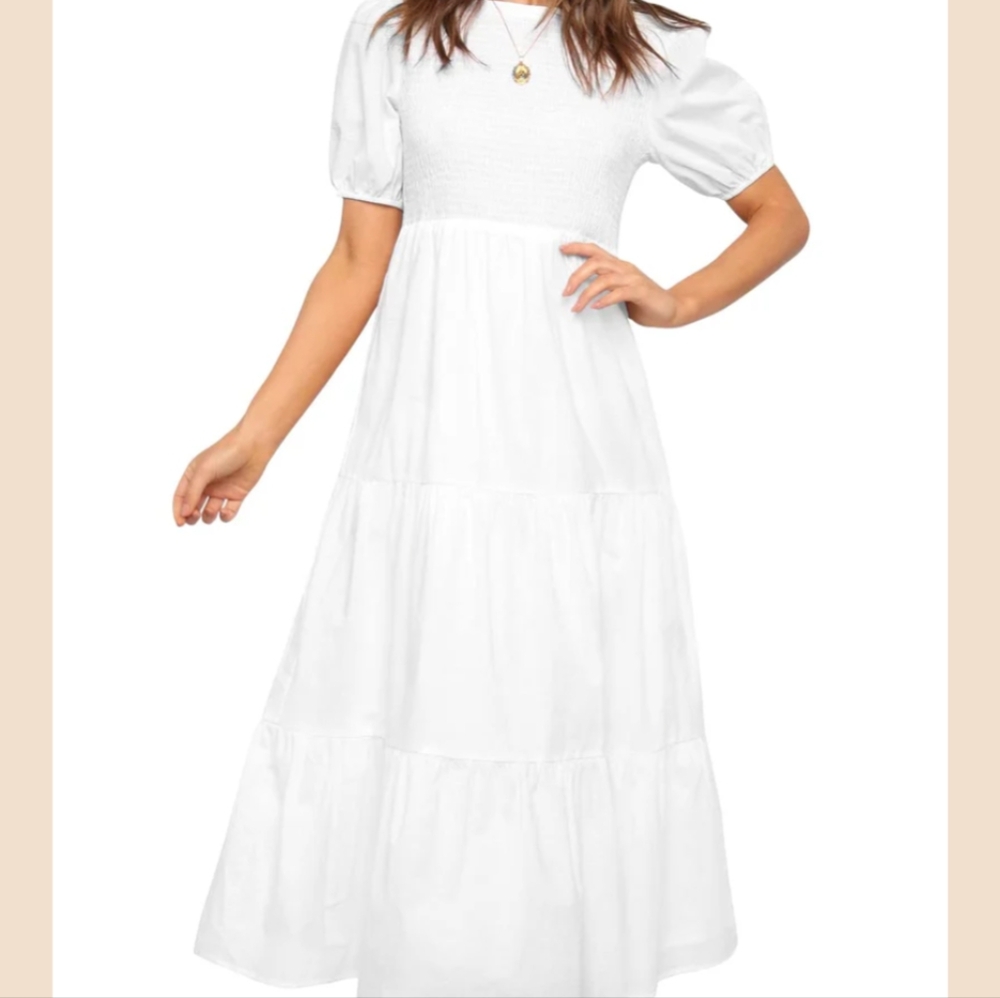 Zesica White Maxi Sundress with Pleated Skirt and Puff Sleeves NWT